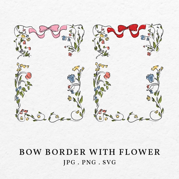 Bow Border with Flower Color Illustration Bundle SVG PNG - Hand Drawn Whimsical Frame Florist Clip Art For Wedding Invitation Bridal Shower