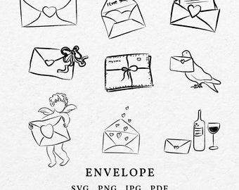 Envelop liefde illustratie SVG PNG bundel - hand getrokken postpictogram, tekening brief Art Cut bestand, schets voor huwelijksuitnodiging en Valentijn