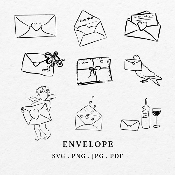 Envelope Love Illustration SVG PNG Bundle - Hand Drawn Mail Icon, Drawing Letter Art Cut File, Sketch For Wedding Invitation and Valentine