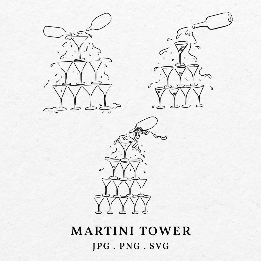 Martini Tower Glass Doodle Illustration Bundle SVG PNG Hand Drawn Whimsical Dirty Martini