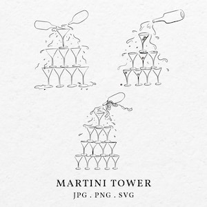 Pode incluir: Um desenho a preto e branco de três torres de martini, cada uma com uma garrafa a ser despejada no copo superior. O texto "MARTINI TOWER JPG. PNG. SVG" está na parte inferior da imagem.