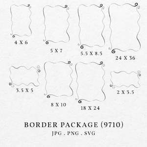 Wavy Border Frame Illustration Package Bundle SVG PNG  - Hand Drawn Scribble Whimsical Frame Clip Art Wedding Invitation Outline Drawing