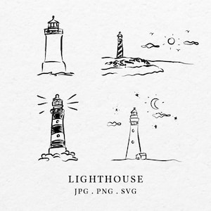 May include: Four black and white line drawings of lighthouses. The first lighthouse is on a rocky shore with the sun shining in the sky. The second lighthouse is on a rocky shore with a crescent moon in the sky. The third lighthouse is on a cloud with a sun shining in the sky. The fourth lighthouse is on a cloud with a crescent moon in the sky. The text "LIGHTHOUSE JPG. PNG. SVG" is below the drawings.
