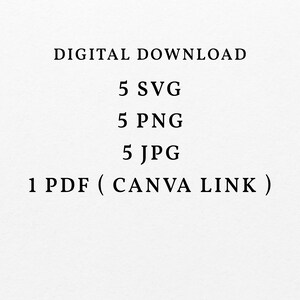 May include: Digital download listing for 5 SVG, 5 PNG, 5 JPG files and 1 PDF (Canva link).