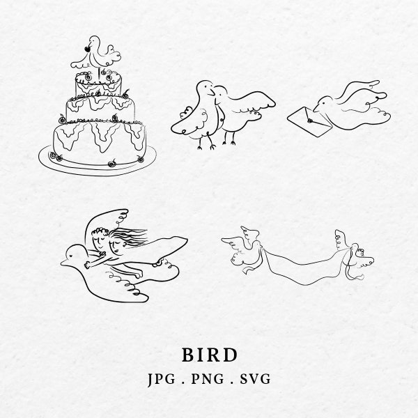 Dove Bird Illustration Bundle SVG PNG - Hand Drawn Whimsical Pigeon Clip Art Sketch Doodle For Wedding Invitation Bridal Shower Birthday