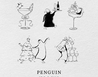 Handgetekende pinguïnillustratie – grillige winterillustraties (JPG, PNG)
