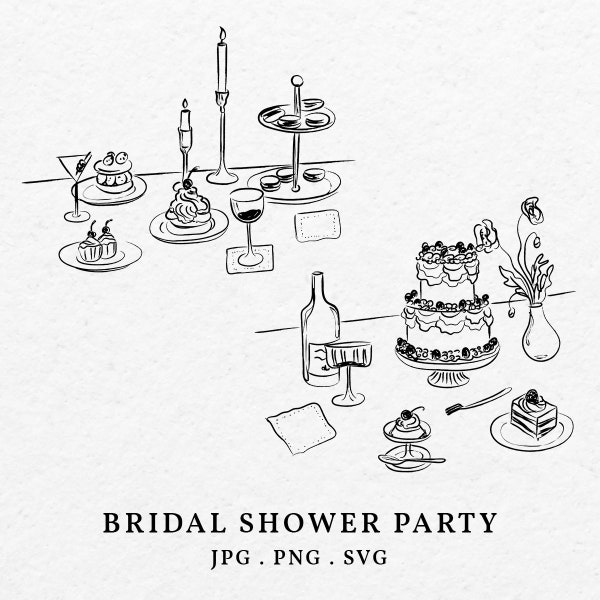 Food And Beverage Bridal Shower Doodle Illustration SVG PNG - Hand Drawn Whimsical Drink Cake Clip Art Outline Wedding Menu Invitation