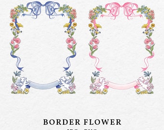 Bow Border With Flower Cupid Illustration JPG PNG - Hand Drawn Whimsical Ribbon Blue Pink Frame For Wedding Invitation Clip Art Color