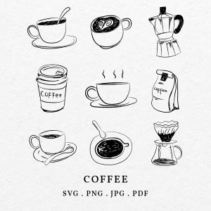 Glas Kaffee Illustration Bundle SVG PNG - Hand gezeichnet Moka Topf Symbol Umriss, Zeichnung Skurril schwarz Kaffee und Cappuccino Clip Art