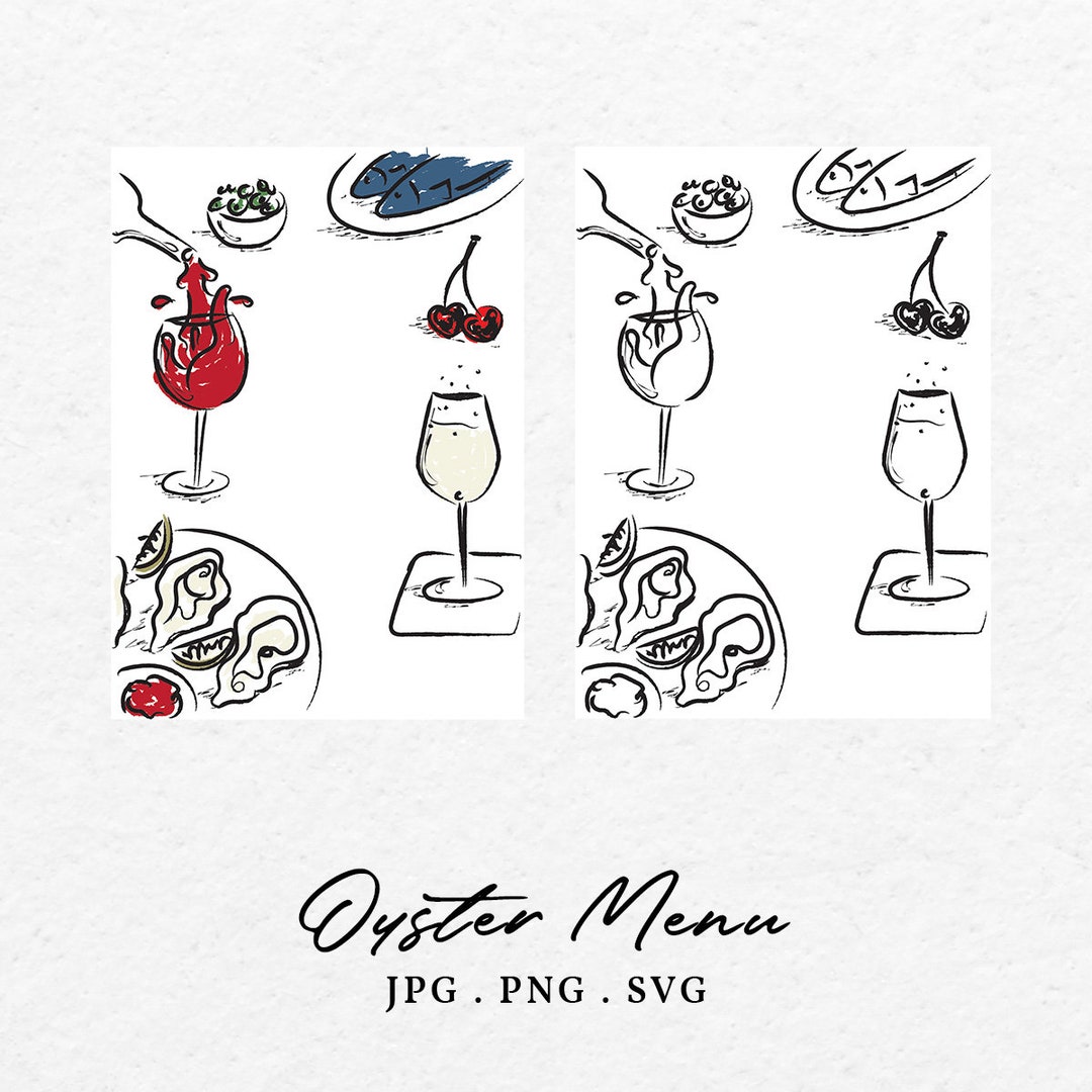 手描きの牡蠣メニューイラスト – ワイン、チェリー、魚介類 (SVG & PNG