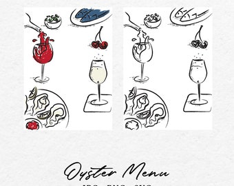Hand-Drawn Oyster Menu Illustration – Wine, Cherries, Fish (SVG & PNG)