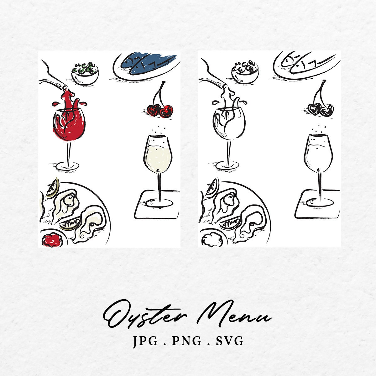 手描きの牡蠣メニューイラスト - ワイン、チェリー、魚 (SVG & PNG