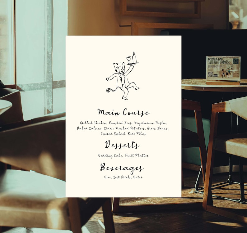 wedding menu with animal waitress