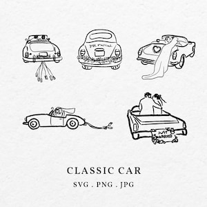 Ilustração de carro de casamento recém-casado SVG PNG - ícone de carro de noiva, carro clássico de casamento de noivo e noiva, esboço de contorno de carro de casamento desenhado à mão