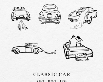 Just Married Wedding Car Illustration SVG PNG - Bridal Car Icon, Groom and Bride Wedding Classic Car, Hand Drawn Marriage Car Outline Sketch