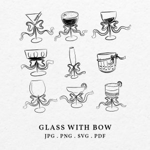 Hand Drawn Glass of Martini, Champagne, Whisky, Margaritha, Wine Illustration Bundle SVG PNG - Whimsical Glasses Icon Outline Clip Art