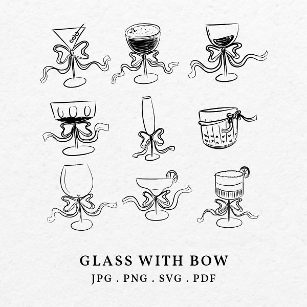 Hand Drawn Glass of Martini, Champagne, Whisky, Margaritha, Wine Illustration Bundle SVG PNG - Whimsical Glasses Icon Outline Clip Art