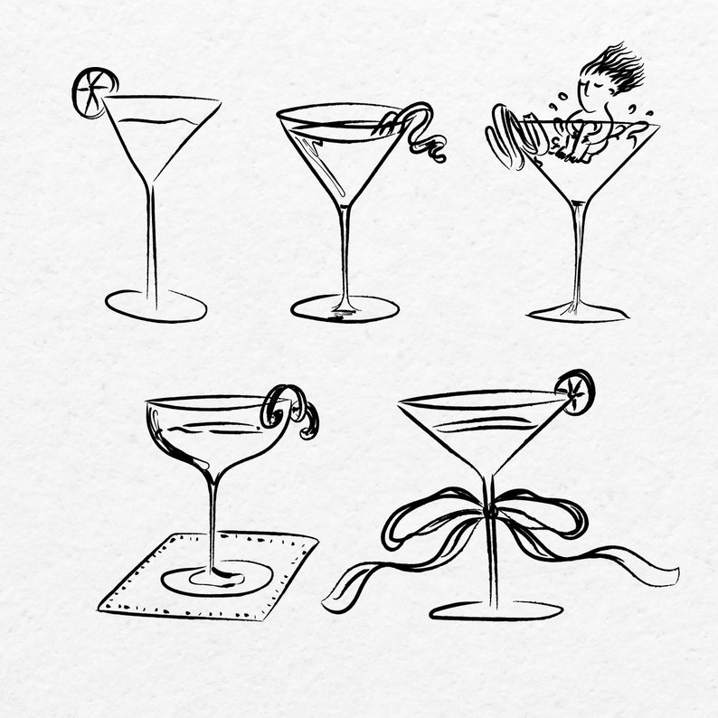 whimsical doodle cosmopolitan cocktail illustration