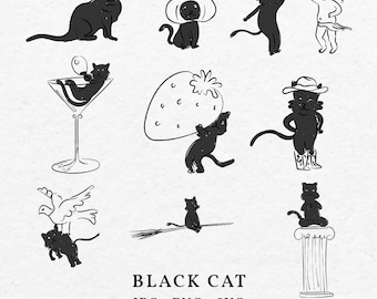 Hand Drawn Black Cat Halloween Clipart – Spooky Whimsical Doodles (svg, png, jpg, pdf)