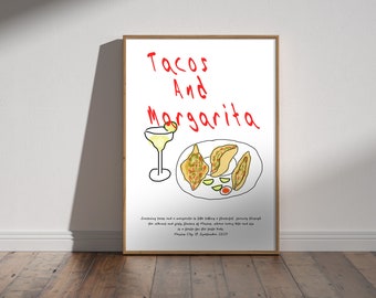 Tacos & Margarita - Mexican Feast Wall Art, Taco Night Poster, Kitchen Dinner Meal Print, Beverage Mexico, Dining Room and Culinary Decor