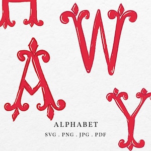 Monograma de casamento SVG PNG Pacote - Alfabeto desenhado à mão Letras de caligrafia vermelha vintage para crista DIY, ícone de monograma clássico de chá de bebê