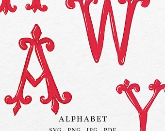 Hand Drawn Red Calligraphy Monogram Alphabet (SVG PNG)