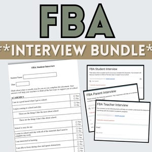Könnte beinhalten: Ein FBA-Interview-Paket mit einem gedruckten FBA-Schülerinterview-Formular mit akademischen Fragen und Kontrollkästchen sowie digitalen Schnittstellenvorschauen für FBA-Schüler-, Eltern- und Lehrerinterview-Formulare mit Textfeldern und Pflichtfeldern.