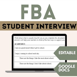 Könnte beinhalten: Ein digitales Dokument mit dem Titel FBA STUDENT INTERVIEW auf einem Laptop-Bildschirm. Das Formular enthält einen ACADEMICS-Abschnitt mit Fragen zum Schulleben, bearbeitbaren Feldern und grünen Google Docs-Kompatibilitätshinweisen.
