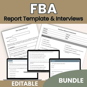 May include: An FBA Report Template & Interviews bundle featuring printed documents and digital screens. The materials include a Functional Behaviour Assessment form, a student interview sheet, and digital forms with checkboxes for academic and behavioural evaluation.
