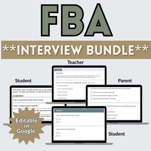 Könnte beinhalten: Ein digitales FBA Interview Bundle Dokumentenset mit vier Laptop-Bildschirmen, die Fragebögen für Lehrer, Schüler und Eltern zeigen. Eine beige Sternform in der unteren linken Ecke enthält den Text Editable in Google.