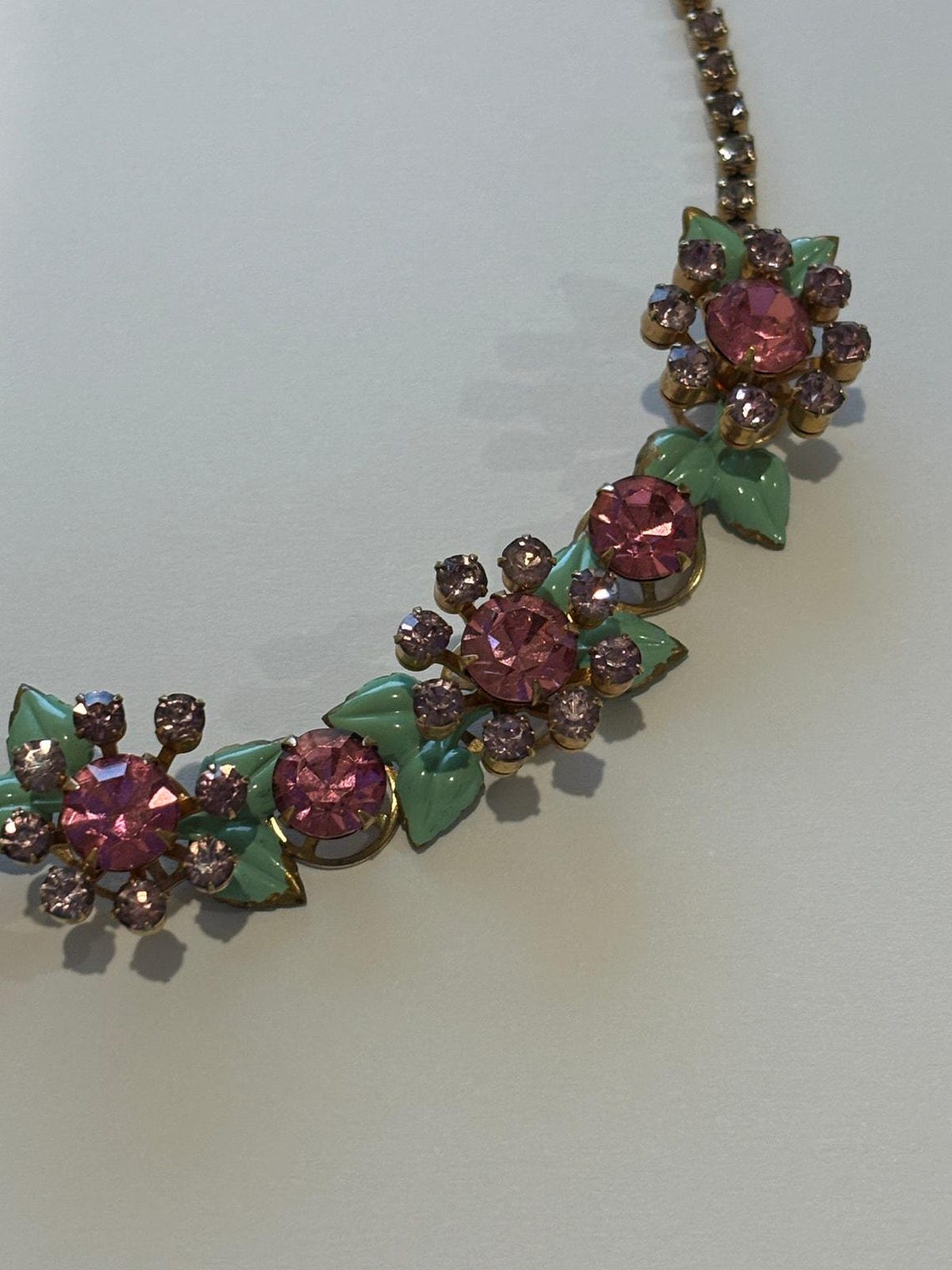 vintage-40-s-pink-purple-rhinestones-green-enamel-necklace-etsy