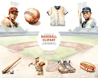 Vintage Baseball Watercolor Clipart - 15 High Res Images