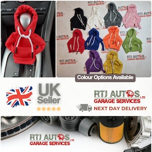 May include: A red hoodie gear shifter cover with white drawstrings. The image shows a variety of colours available for the hoodie gear shifter cover, including black, white, grey, pink, blue, orange, green, purple, and yellow. The image also includes the text "RTI AUTOS LTD GARAGE SERVICES" and "NEXT DAY DELIVERY".