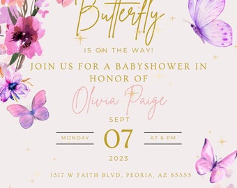 Una pequeña mariposa está en camino / Baby Shower de primavera / Plantilla de invitación digital editable / Letrero de bienvenida adicional / Invitación floral