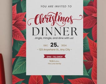 Uitnodiging kerstdiner | Feestelijk feest | Bewerkbare digitale sjabloon | Kerstster kerstuitnodiging