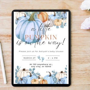 A Little Pumpkin is On The Way | Fall Baby Shower | Editable Digital Invitation Template | Bonus Welcome Sign  | Pastel Blue Autumn Invite