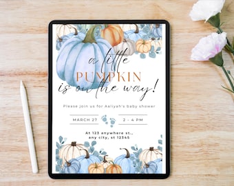 A Little Pumpkin is On The Way | Fall Baby Shower | Editable Digital Invitation Template | Bonus Welcome Sign  | Pastel Blue Autumn Invite