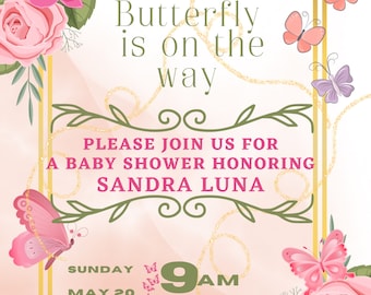 Una pequeña mariposa está en camino / Invitación para baby shower / Plantilla de invitación digital editable / Letrero de bienvenida incluido / Evites rosa