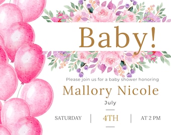 Oh Baby / Baby Shower Evite / Plantilla de invitación editable para descarga digital / Letrero de bienvenida adicional incluido / Invitación floral con globos rosados