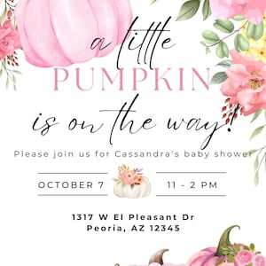 A Little Pumpkin is On The Way | Fall Baby Shower | Editable Digital Invitation Template | Bonus Welcome Sign  | Pastel Pink Autumn Invite