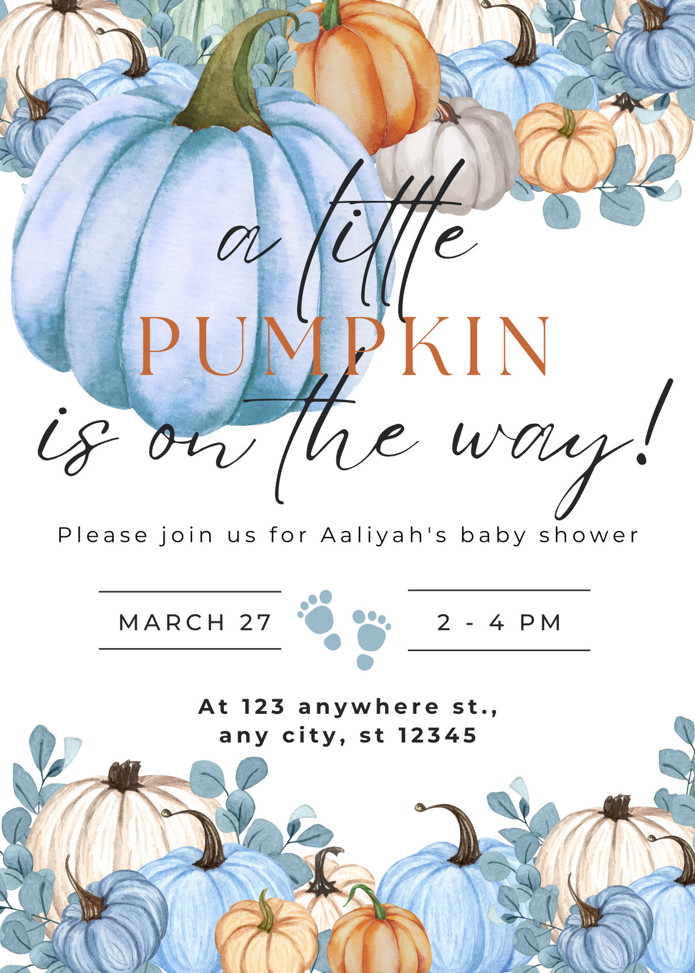 Una pequeña calabaza está en camino / Baby Shower de otoño / Plantilla de invitación digital editable / Letrero de bienvenida adicional / Invitación otoñal en azul pastel