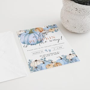 A Little Pumpkin is On The Way | Fall Baby Shower | Editable Digital Invitation Template | Bonus Welcome Sign  | Pastel Blue Autumn Invite