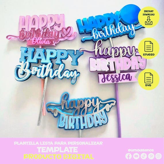 5 TEMPLATE Happy Birthday Cake Topper SVG Bundle, Layered Shaker Cut File for Cricut Silhouette, 3D Birthday Cake Banner Digital Download