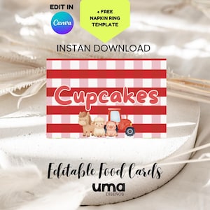 Puede incluir: Una tarjeta de comida a cuadros rojos y blancos con la palabra "Cupcakes" en escritura roja. La tarjeta presenta ilustraciones de un caballo, una oveja, un cerdo y un tractor. El texto incluye "Edit in Canva" e "Instant Download".