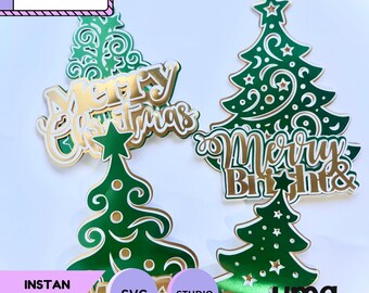 Bundle 4 Christmas Tree Cake Topper SVG 3D Layered Cut File, Merry Christmas Blessings Template, Holiday Paper Topper Cricut Silhouette