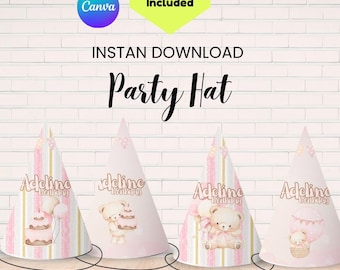 Pink Bear Party Hat Printable, Editable Pink Bear Birthday Hat, Kids Pink Bear Party Hat Template, DIY Party Hat, Instant Download 4 Designs
