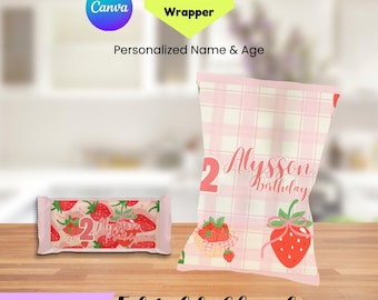 Editable STRAWBERRY Chip Bag Wrapper Printable – STRAWBERRY Birthday Party Favor – Instant Download + FREE Snickers Chocolate Wrapper