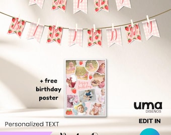 STRAWBERRY Party Banner Printable Editable + Free Birthday Poster, STRAWBERRY Backdrop Decor, Dessert Table Background Digital Download