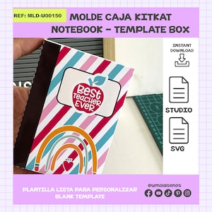 May include: A KitKat box template with a notebook design. The box has a diagonal striped pattern in pink, white, and blue. It features a label that says "Best Teacher Ever" with an apple illustration and a rainbow design.