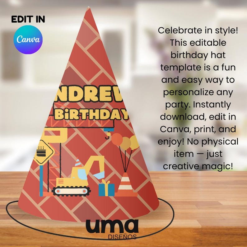 Construction Party Hat Printable, Editable Construction Birthday Hat ...